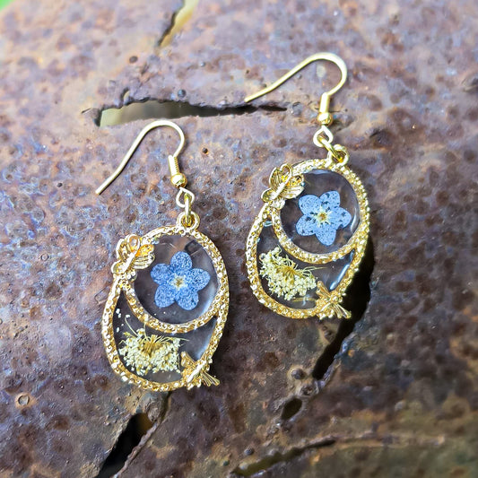 Forget-me-not and Queen Anne's Lace earrings in resin